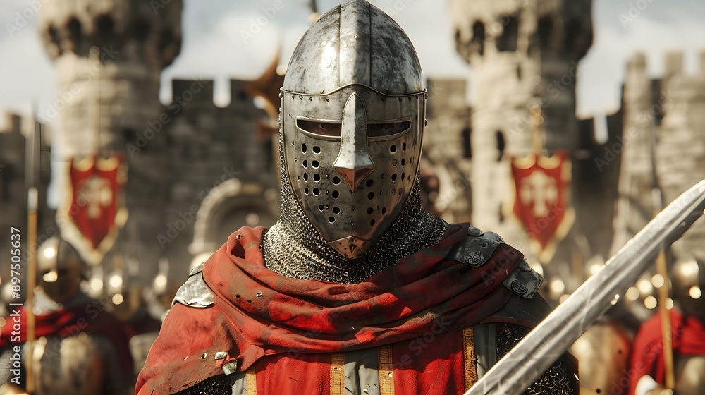 A medieval knight in full armor stands before a castle, sword drawn, ready for battle. The knight's face is obscured by his helmet, but his determined stance is clear. A medieval knight in full armor stands before a castle, sword drawn, ready for battle. The knight's face is obscured by his helmet, but his determined stance is clear.