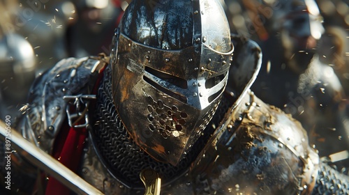A medieval knight in full armor wielding a sword during a fierce battle