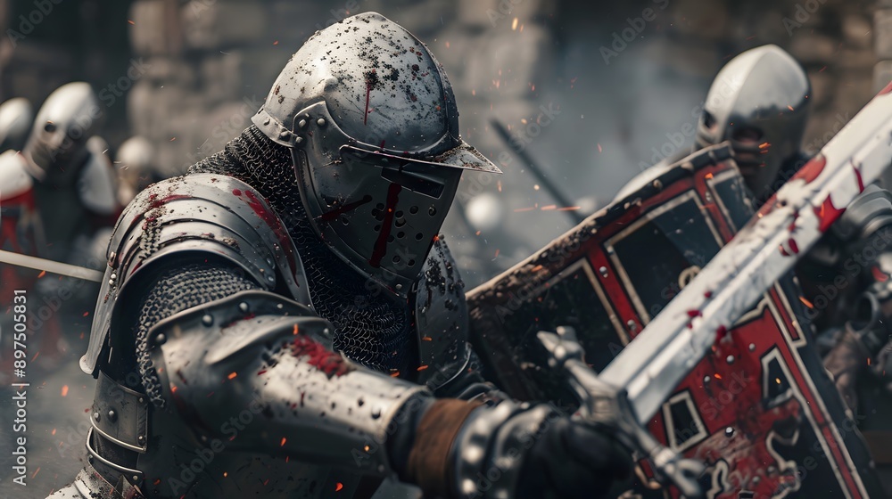A Roman soldier in full armor, wielding a sword and shield, engages in fierce battle. The scene is chaotic with smoke and the bodies of fallen warriors. A Roman soldier in full armor, wielding a sword and shield, engages in fierce battle. The scene is chaotic with smoke and the bodies of fallen warriors.