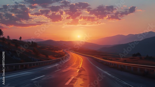 Wallpaper Mural Sunset over mountain highway, warm hues, realistic photo, serene evening view, majestic scenery Torontodigital.ca