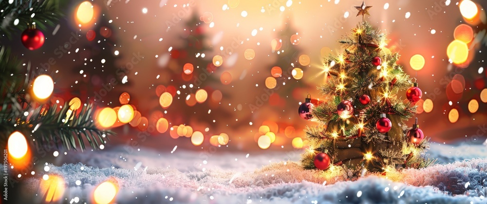 A Christmas tree is lit up in the snow A Christmas tree is lit up in the snow