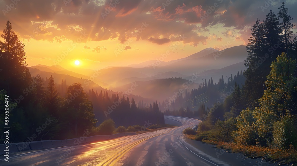 Breathtaking landscape at dawn with vibrant colors, winding road, and mountains in the background surrounded by lush forest. Breathtaking landscape at dawn with vibrant colors, winding road, and mountains in the background surrounded by lush forest.