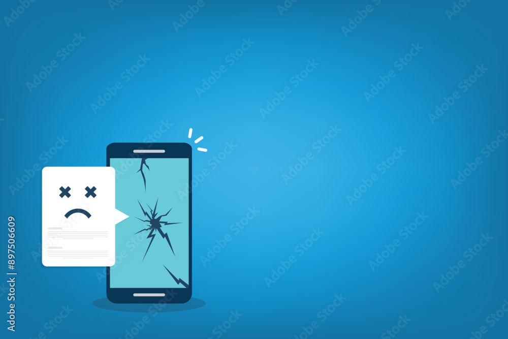 Broken smartphone with sad smile notification. Broken phone service, recovery and repair concept. Broken smartphone with sad smile notification. Broken phone service, recovery and repair concept.