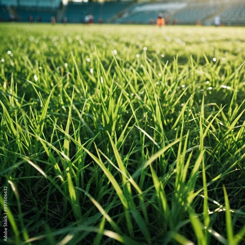 Obraz premium Green grass on football field, blurred background showing stands and goal in stadium. Sun shines creating a warm golden glow. Natural covering of football field. Sports competitions, championship. AI