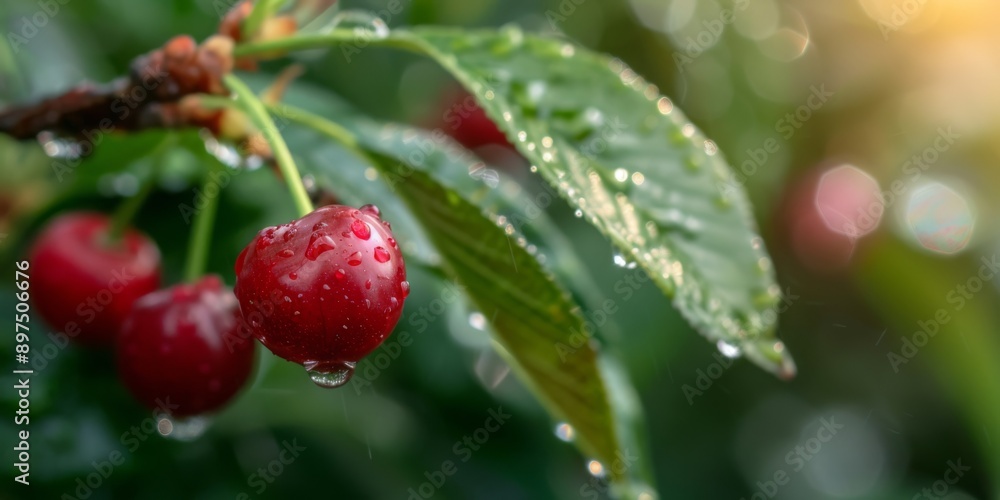 Close-up of red cherries hanging on a branch with morning dew drops and green leaves in the background. Close-up of red cherries hanging on a branch with morning dew drops and green leaves in the background.