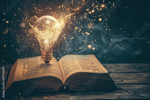 An open book with a  3D light bulb higher above the open book