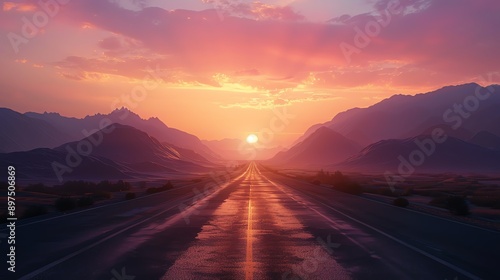 Sunset over mountain highway, warm hues, realistic photo, serene evening view, majestic scenery