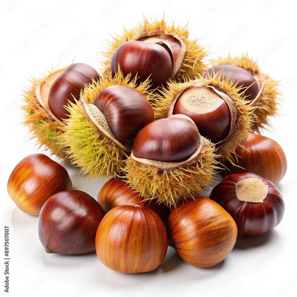 A Pile of Freshly Harvested Chestnuts on a White Background. Generative AI A Pile of Freshly Harvested Chestnuts on a White Background. Generative AI
