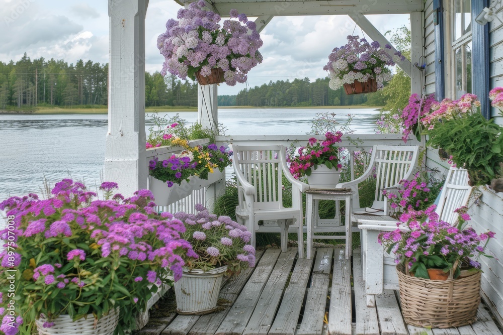Charming lakeside patio with blooming flowers and white furniture, creating a serene and inviting outdoor space that captures the beauty of nature. Charming lakeside patio with blooming flowers and white furniture, creating a serene and inviting outdoor space that captures the beauty of nature.