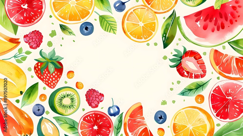 Watercolor illustration of various fruits and berries arranged in a border around a white space. Watercolor illustration of various fruits and berries arranged in a border around a white space.