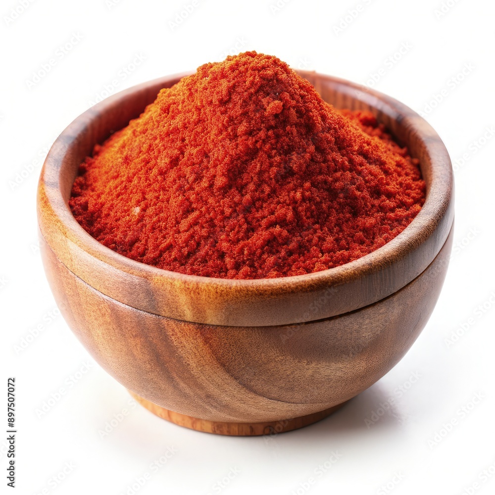 Red Chili Pepper Powder in Wooden Bowl on White Background. Generative AI Red Chili Pepper Powder in Wooden Bowl on White Background. Generative AI