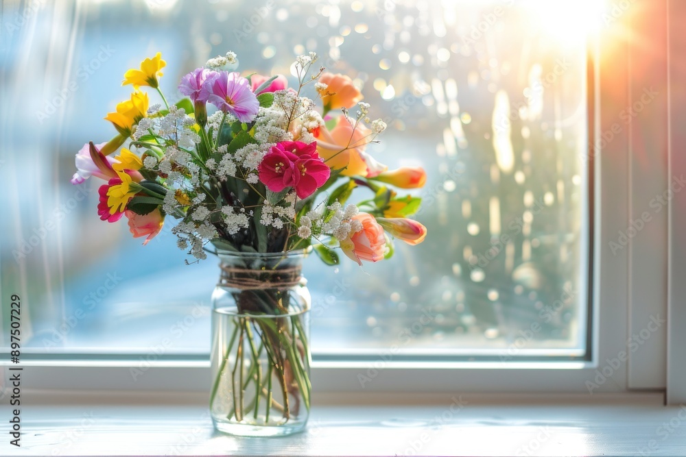 vase with water and bouquet of colorful flowers on house window vase with water and bouquet of colorful flowers on house window