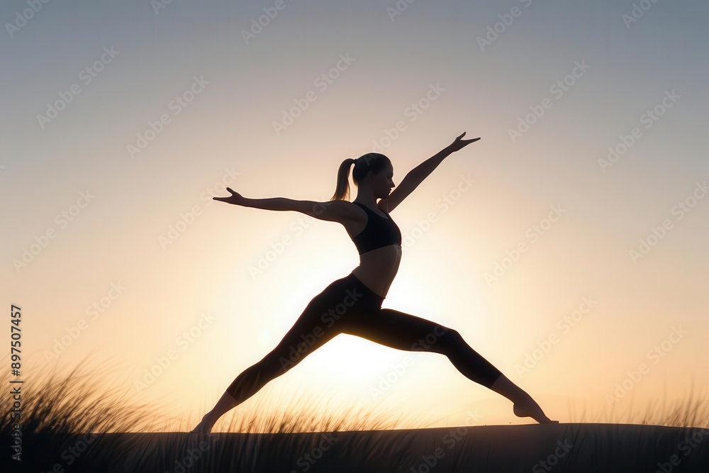 Silhouette of a woman practicing yoga at sunrise, showcasing balance and flexibility in an outdoor setting. Silhouette of a woman practicing yoga at sunrise, showcasing balance and flexibility in an outdoor setting.