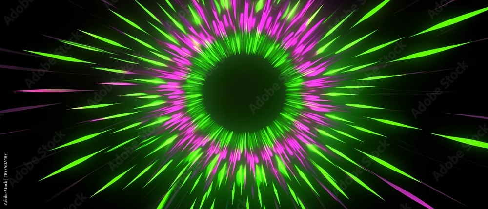 Abstract neon light streaks in green and purple converging on a black circle backdrop Abstract neon light streaks in green and purple converging on a black circle backdrop