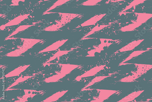 Abstract seamless grunge textured pattern with spray paint ink elements. Pink and grey geometric print. Zig zag grunge ornament for sport textile, wrapping paper.