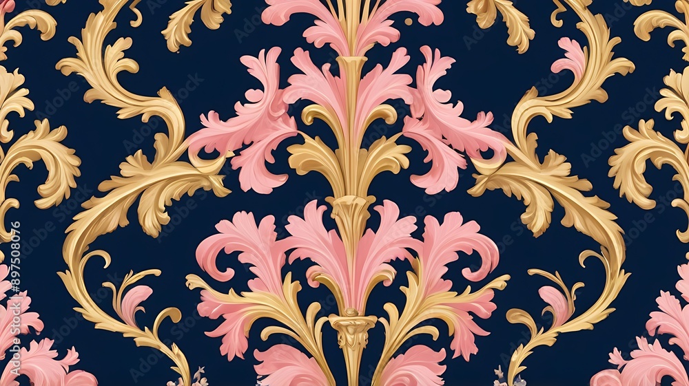 Ornate gold and pink floral pattern on a blue background. Suitable for luxury branding, feminine design, and elegant packaging. Ornate gold and pink floral pattern on a blue background. Suitable for luxury branding, feminine design, and elegant packaging.