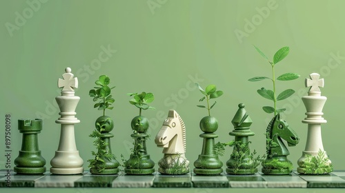 Chess pieces turning into growing plants, symbolizing the growth of investments, Botanical, Illustration, Green hues photo