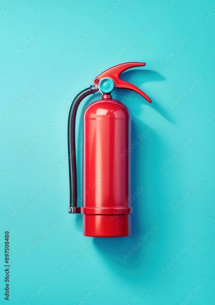 Red fire extinguisher with a shadow on a blue backdrop, simple and clean design, high-resolution, capturing a modern safety concept. Red fire extinguisher with a shadow on a blue backdrop, simple and clean design, high-resolution, capturing a modern safety concept.