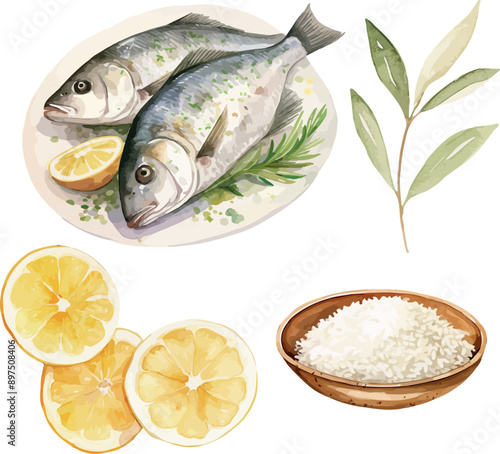 Vector Watercolor food, clipart, ingredients. Fish, sea ​​bream, lemon, bowl of rice, oregano branch. Illustrations for creative cooking, invitation, greeting cards, birthday, event, holiday, menu; co