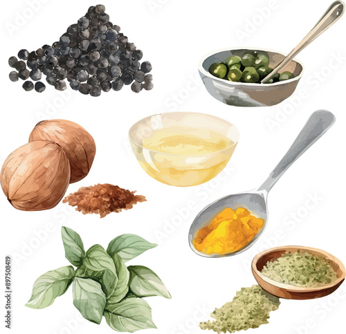 Vector Watercolor food, clipart, ingredients. Spices, pile of black pepper, oregano, cardamom, turmeric, nutmeg. Illustrations for creative cooking, invitation, greeting cards, birthday, event, holida
