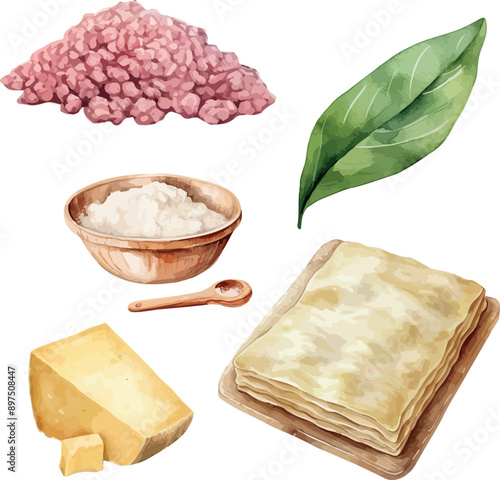 Vector Watercolor food, clipart, ingredients. lasagne sheets, minced meat, parmesan, bay leaf, bowl of rice. Illustrations for creative cooking, invitation, greeting cards, birthday, event, holiday, m