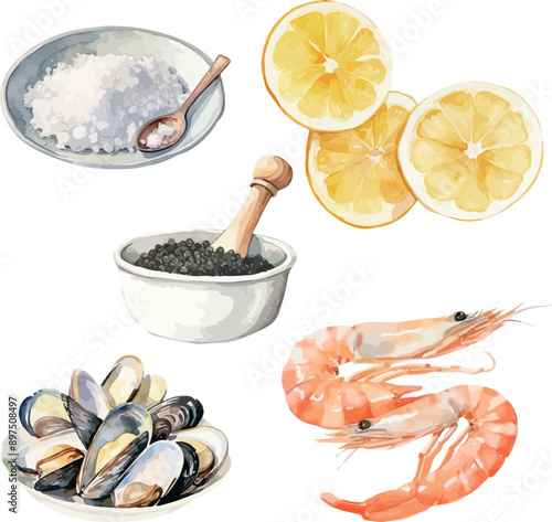 Vector Watercolor food, clipart, ingredients. Shrimps, lemon, bowl of rice, black pepper, mussels, oysters. Illustrations for creative cooking, invitation, greeting cards, birthday, event, holiday, me