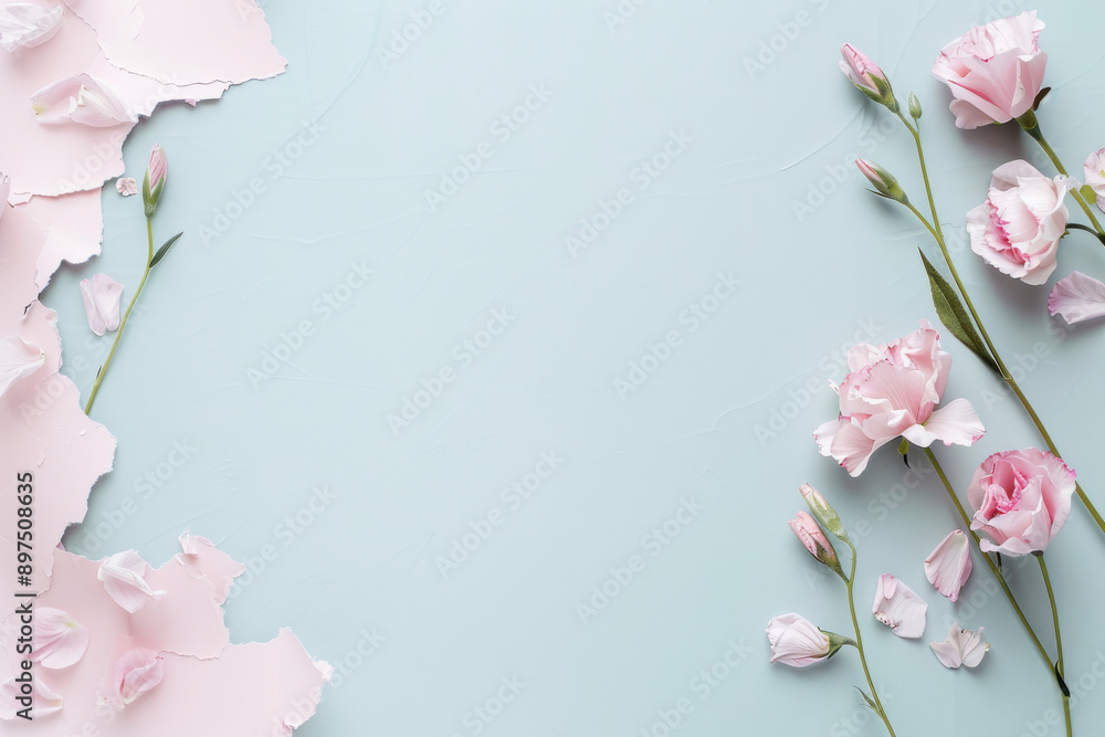 Delicate pink flowers on a pastel blue background, perfect for a soft and elegant floral-themed design or greeting card. Delicate pink flowers on a pastel blue background, perfect for a soft and elegant floral-themed design or greeting card.
