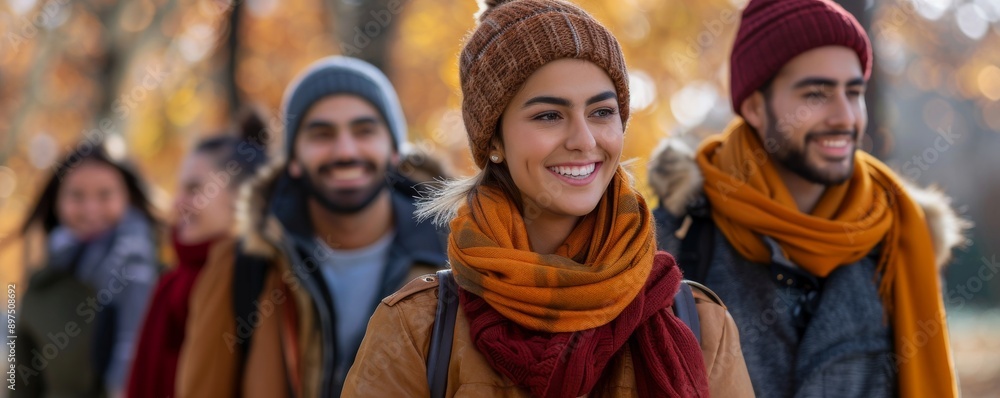 Group of friends smiling and walking together in the park during autumn Group of friends smiling and walking together in the park during autumn