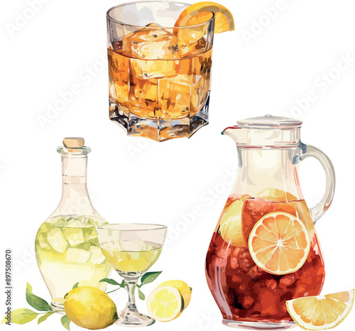 Vector Watercolor beverages, cocktails, clipart. 
sangria, negroni, limoncello. Illustrations for creative cooking, invitation, greeting cards, birthday, event, holiday, menu; cooking class; Master Cl
