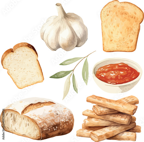 Vector Watercolor food, clipart, ingredients. Spices, bread slice, garlic, bread, crisp bread, olive branch, tomato sauce. Illustrations for creative cooking, invitation, greeting cards, birthday