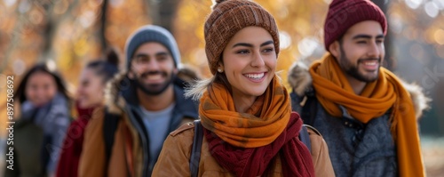 Group of friends smiling and walking together in the park during autumn