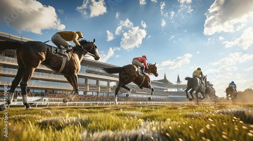 Horses race on a track with jockeys riding.