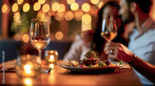 Romantic dinner setting with elegant tableware, wine glasses, and a couple enjoying a cozy atmosphere in a restaurant.