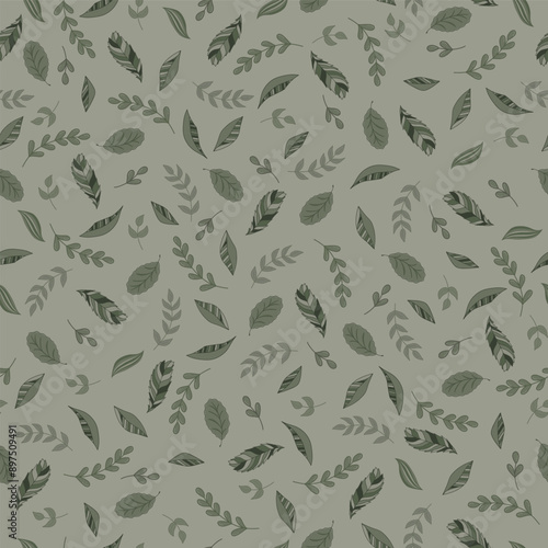 Creative Leaves of Greens Scattered on a Sage Green Background creating a seamless pattern print background
