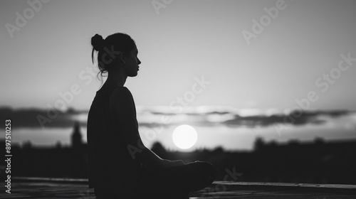 Serene Reflections - Young Woman Silhouette on Rooftop at Sunset