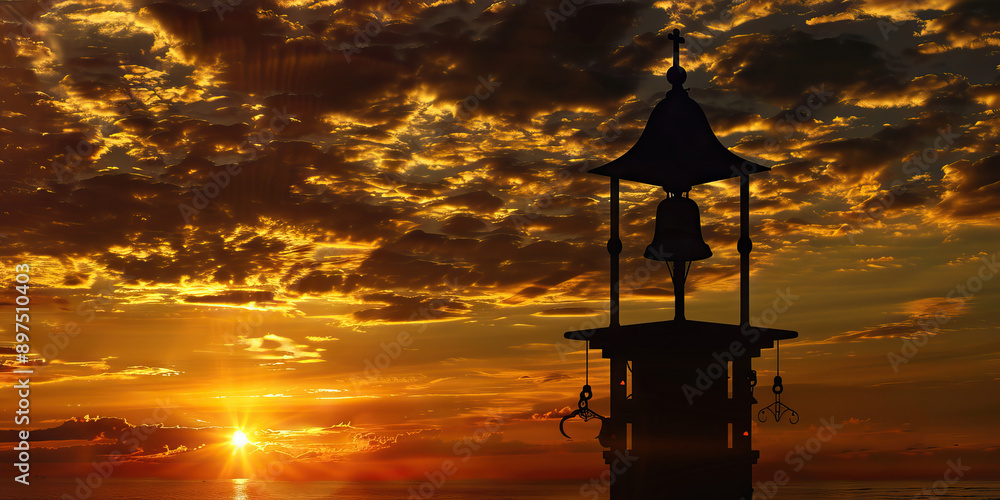 Sacred Bell Tower Chime: The silhouette of a bell tower against a sunset sky, as if the bells are calling the faithful to worship Sacred Bell Tower Chime: The silhouette of a bell tower against a sunset sky, as if the bells are calling the faithful to worship