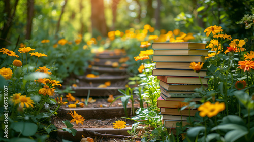 Flower garden pathway made of hardcover books, bright sunlight, colorful flowers, peaceful and inviting atmosphere.

