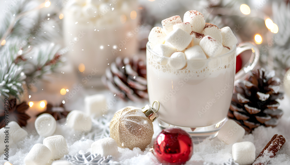 Hot white chocolate with marshmallows in a xmas decoration with snowflakes, pine cones and Christmas balls Hot white chocolate with marshmallows in a xmas decoration with snowflakes, pine cones and Christmas balls