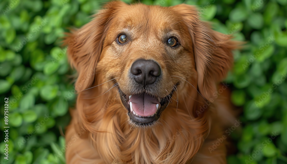 Obraz premium Closeup of happy golden retriever looking up, wideangle lens, green grass