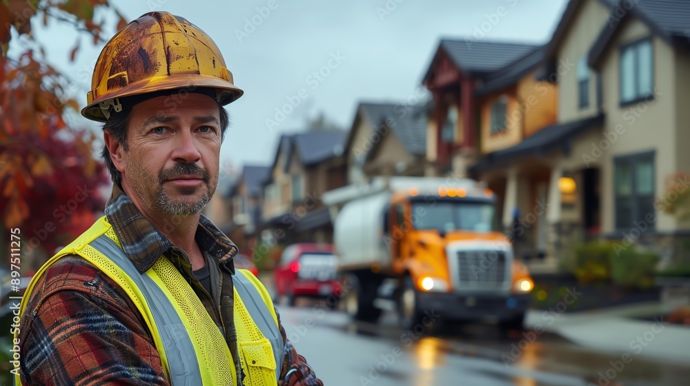 Construction worker in yellow vest and helmet, standing by a truck, suburban neighborhood Construction worker in yellow vest and helmet, standing by a truck, suburban neighborhood