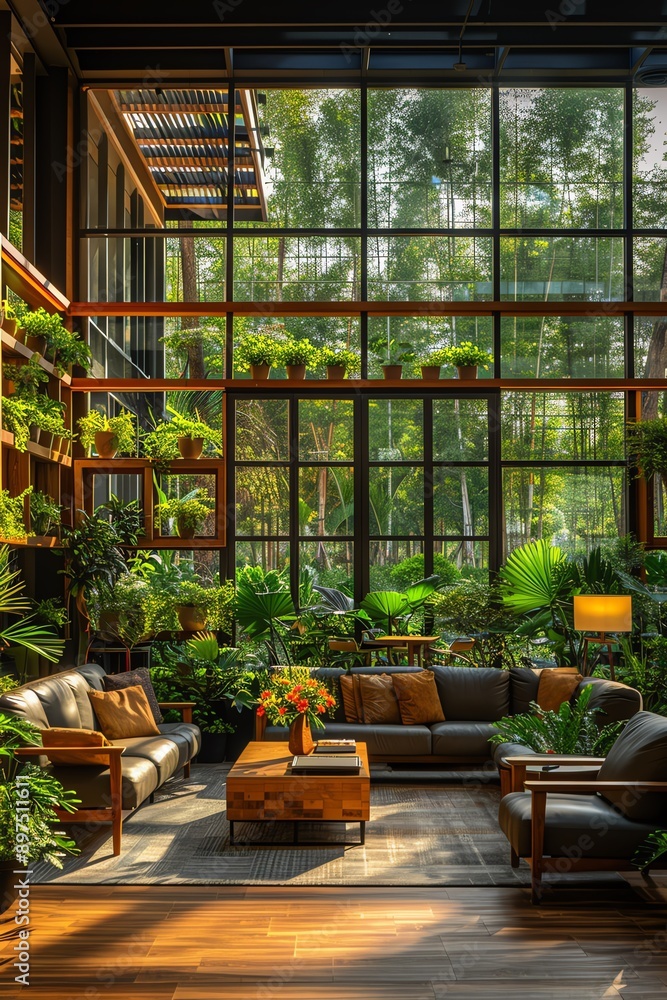 Modern office with large windows, lush garden view, natural light, open space Modern office with large windows, lush garden view, natural light, open space