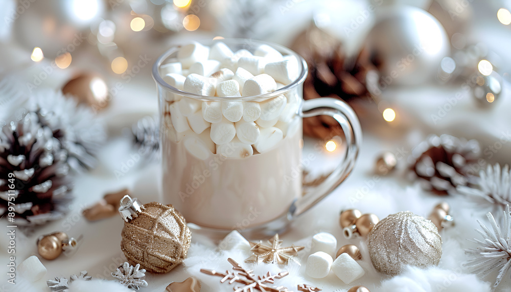Hot white chocolate with marshmallows in a xmas decoration with snowflakes, pine cones and Christmas balls Hot white chocolate with marshmallows in a xmas decoration with snowflakes, pine cones and Christmas balls
