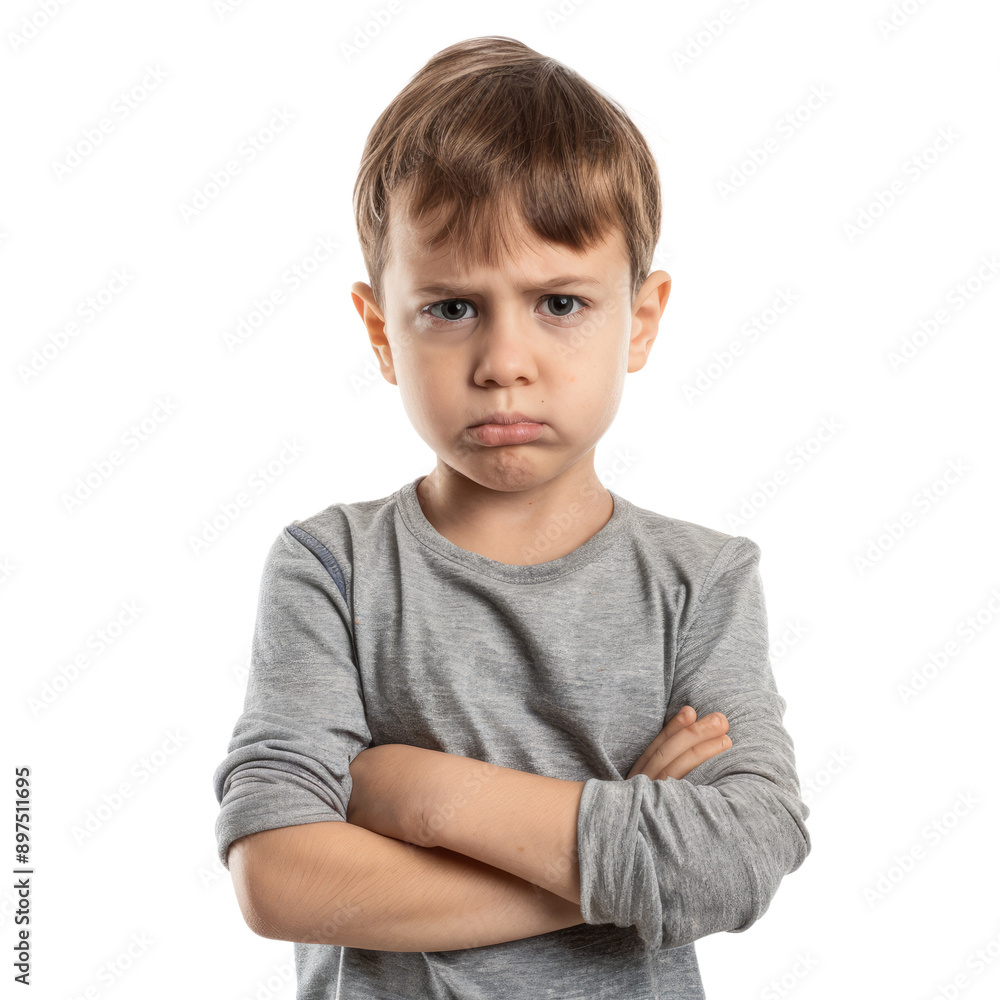 A frustrated little boy with his arms crossed and a deep frown, standing against a white backdrop. A frustrated little boy with his arms crossed and a deep frown, standing against a white backdrop.