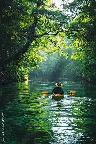 Person kayaking in lush green jungle river, morning light