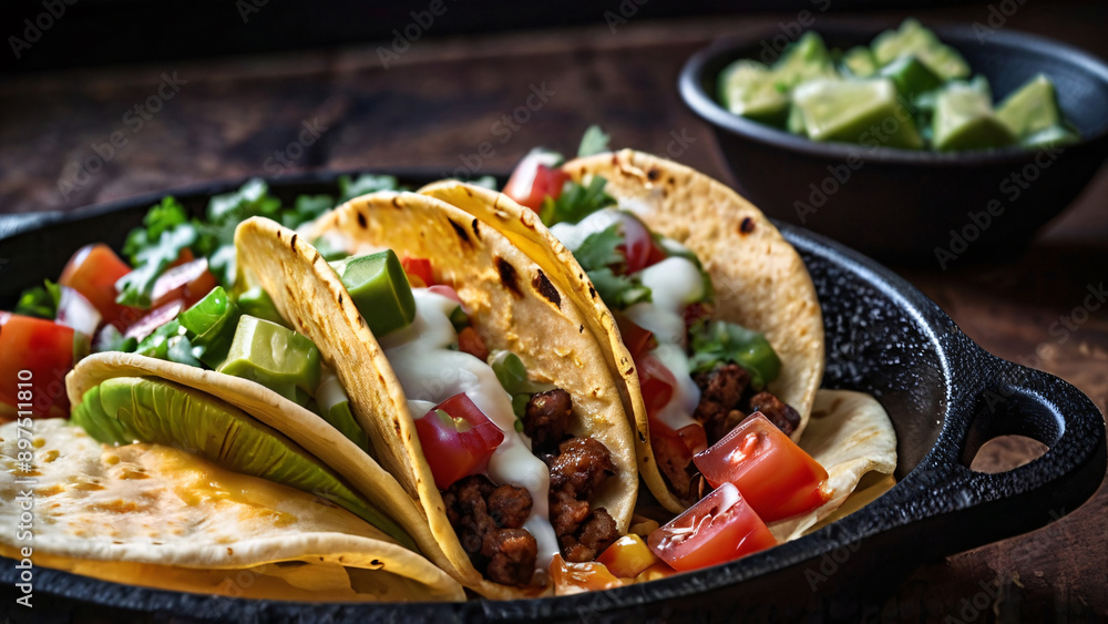 Tacos served in a cast iron skillet with melted cheese, cheesy tacos, rustic presentation Tacos served in a cast iron skillet with melted cheese, cheesy tacos, rustic presentation
