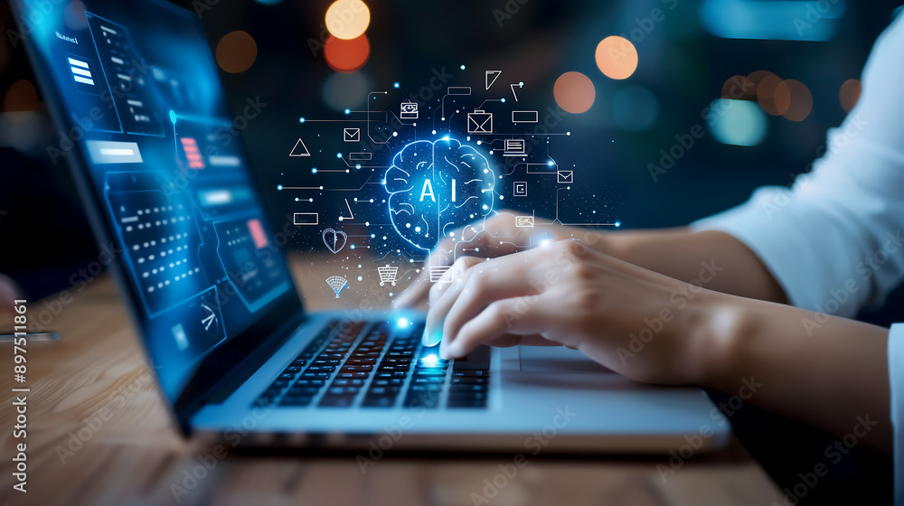 Photo of An individual typing on laptop with AI icons and digital brain interface floating above the keyboard, representing artificial intelligence technology in business office at night background Photo of An individual typing on laptop with AI icons and digital brain interface floating above the keyboard, representing artificial intelligence technology in business office at night background