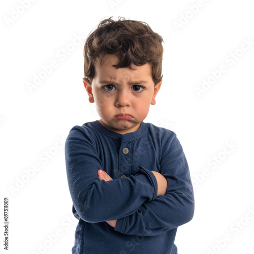 A frustrated little boy with his arms crossed and a deep frown, standing against a white backdrop. photo