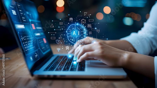 Photo of An individual typing on laptop with AI icons and digital brain interface floating above the keyboard, representing artificial intelligence technology in business office at night background