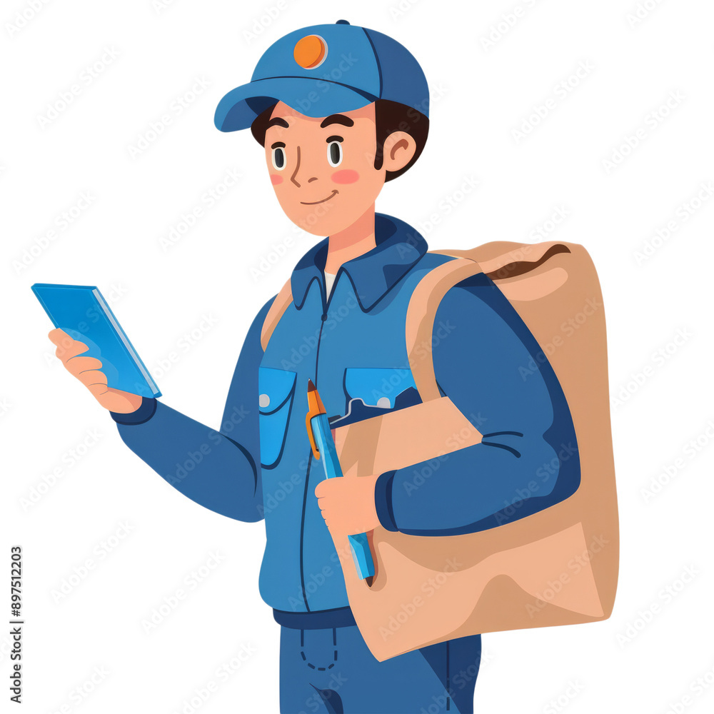 A postal worker in a blue uniform, holding a mailbag and a pen, white background. A postal worker in a blue uniform, holding a mailbag and a pen, white background.