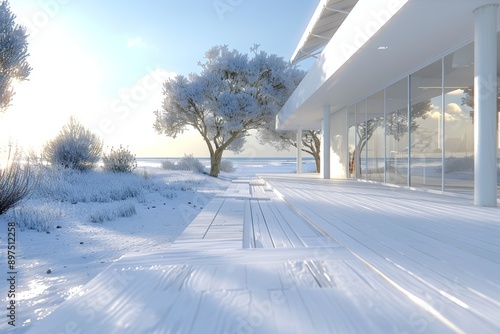 Modern house with snowy surroundings and minimalist design, creating a serene and contemporary winter retreat. photo